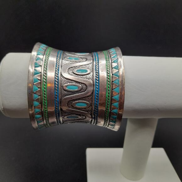Vintage Turquoise Enamel Curved Cuff Bracelet, 2 1/2 In Wide, Silver Tone - Picture 6 of 10